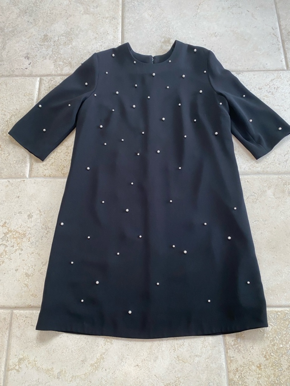 Black Crepe Shift Dress with Pearl Embellishments Size 14